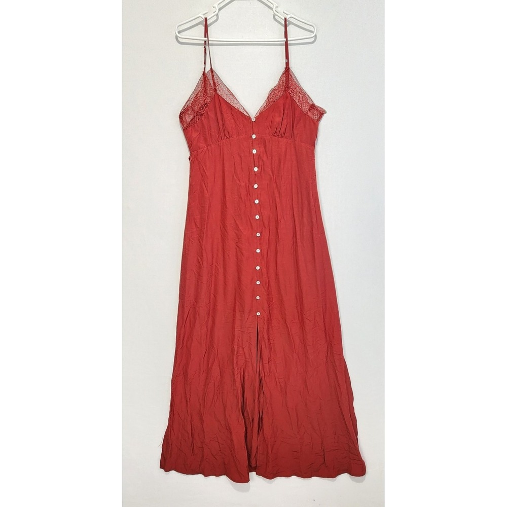 Love Stitch Women's M Red Maxi Dress Lace Trim Button Front Boho Festival Beach